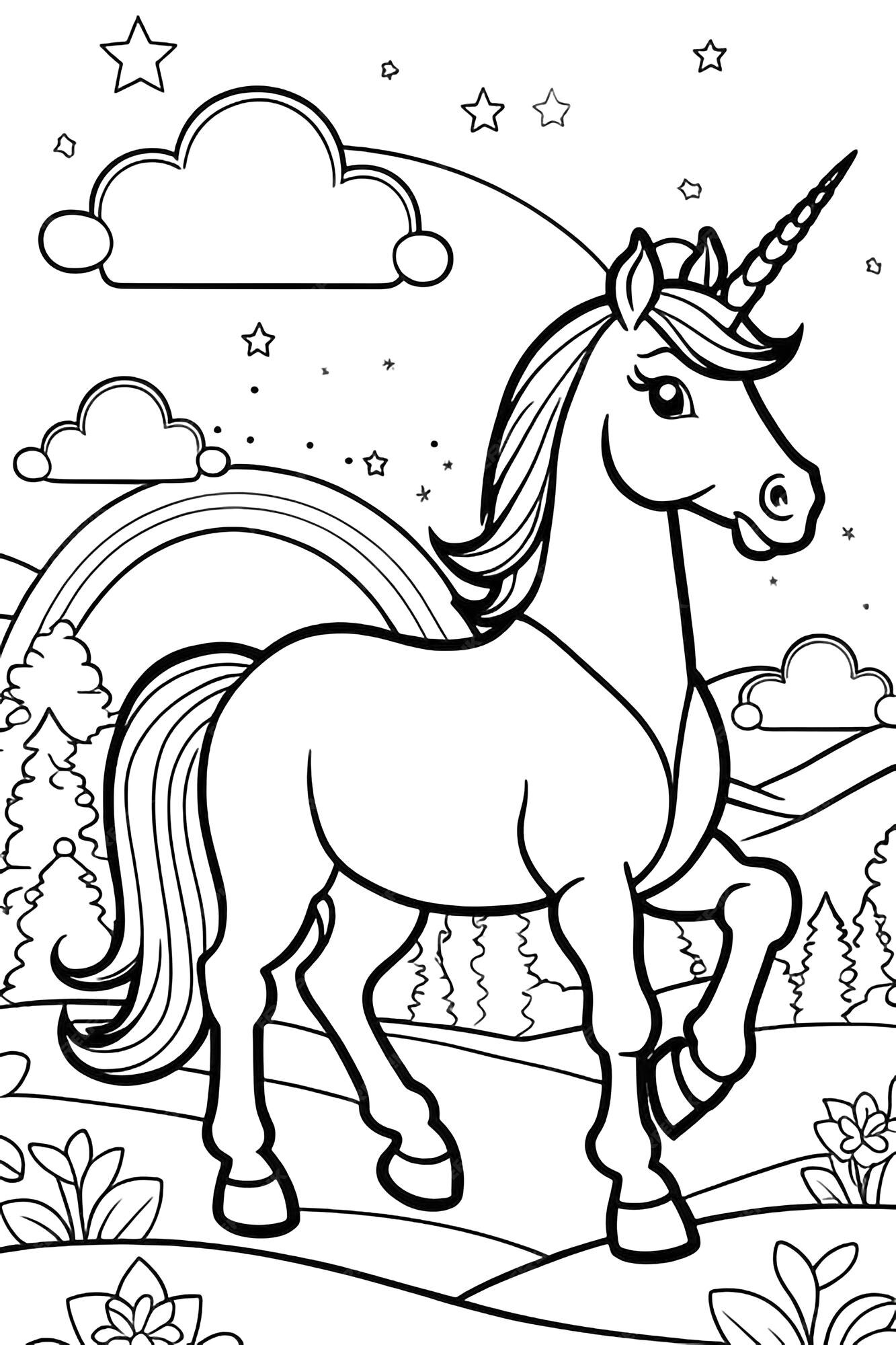 Premium vector design a coloring page with a parade of adorable cartoon unicorns marching across a rainbow filled