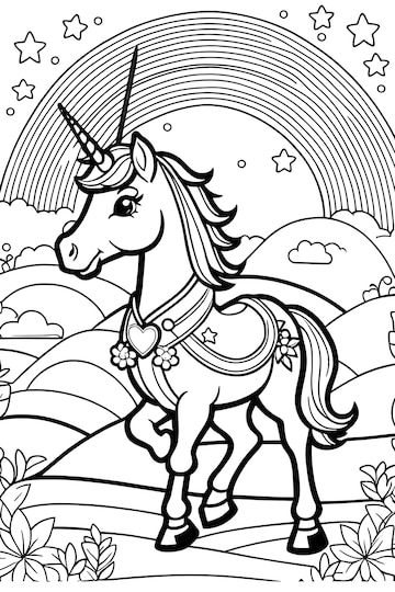 Premium vector design a coloring page with a parade of adorable cartoon unicorns marching across a rainbow filled