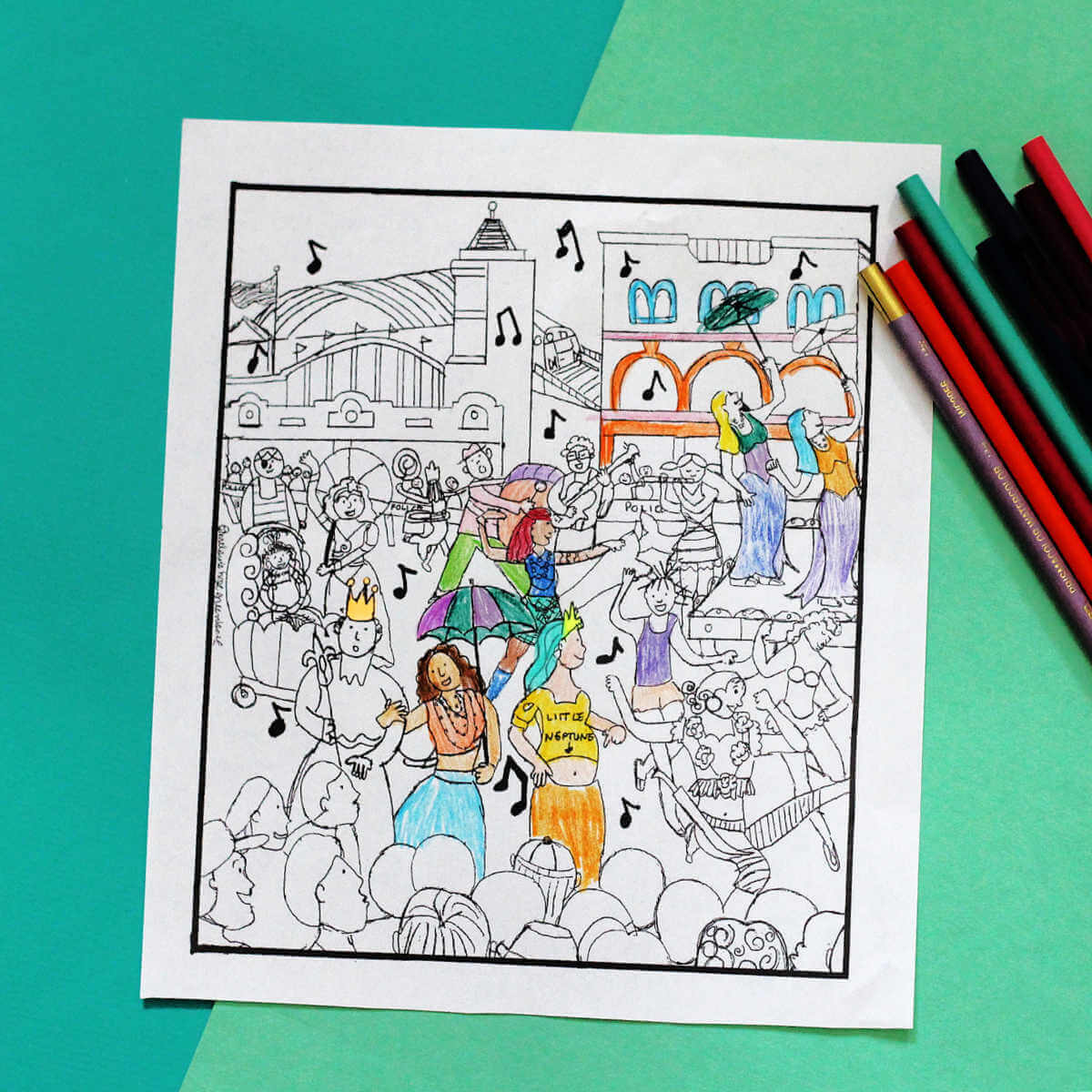 Mermaid parade coloring page