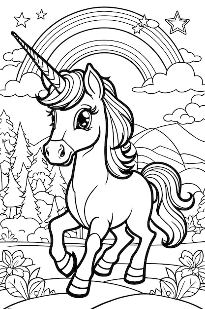 Premium vector design a coloring page with a parade of adorable cartoon unicorns marching across a rainbow filled