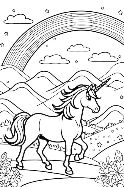 Premium vector design a coloring page with a parade of adorable cartoon unicorns marching across a rainbow filled