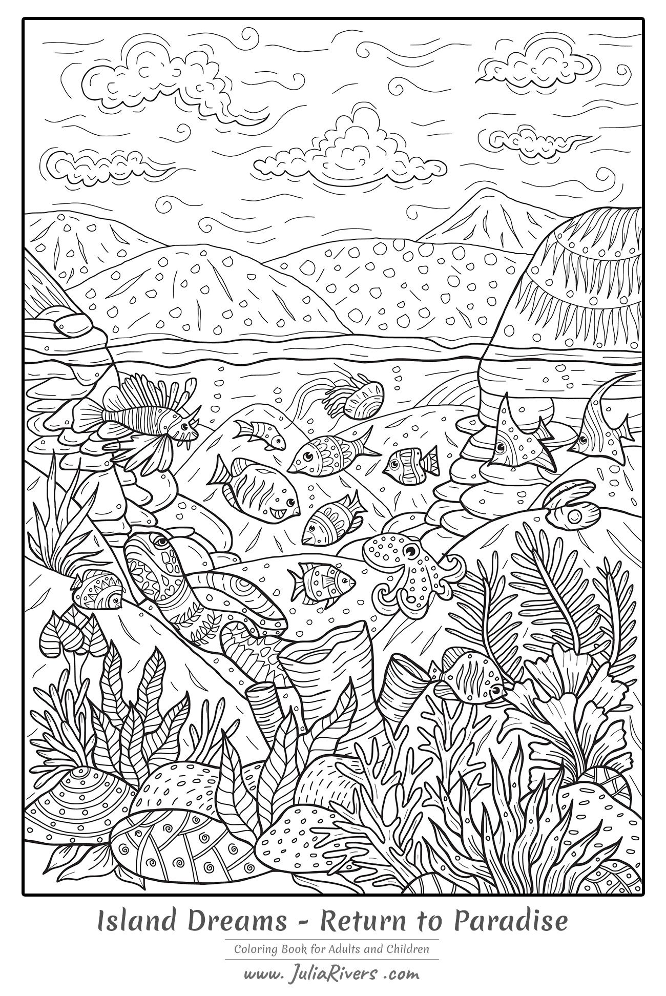 Island dreams return to padise coloring page full of aquatic creatures and plant species â coloring book pages adult coloring pages bird coloring pages