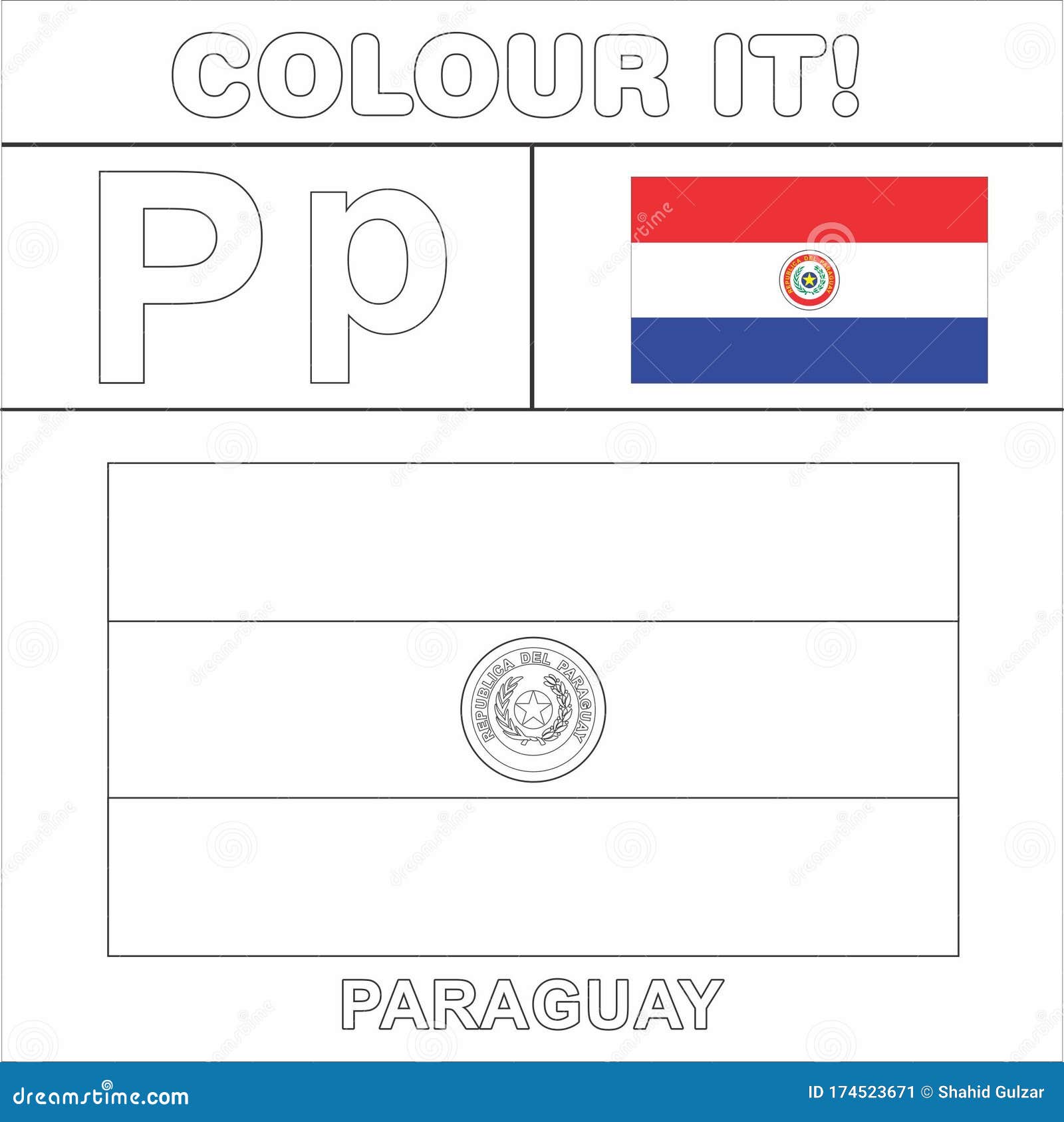 Colour it kids colouring page country starting from english letter p paraguay how to color flag stock illustration