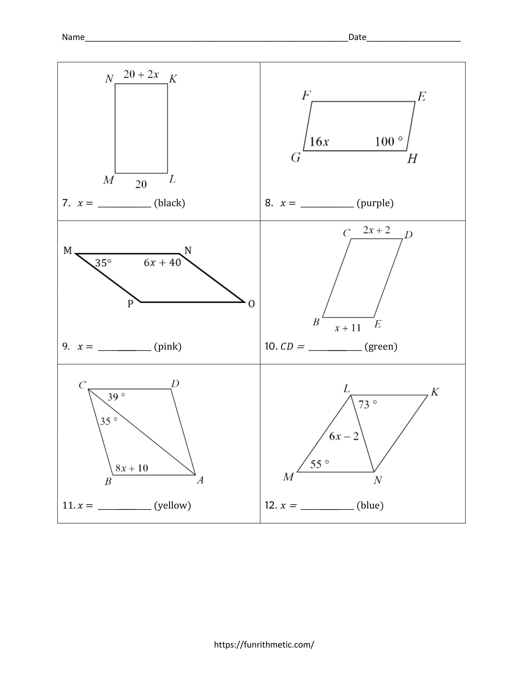 Properties of parallelograms color by number