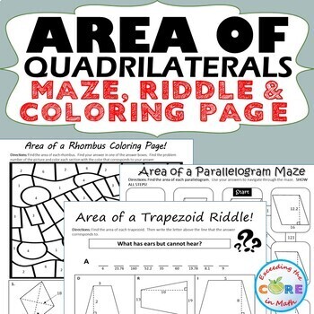 Area of quadrilaterals parallelogram trapezoid rhombus maze riddle color