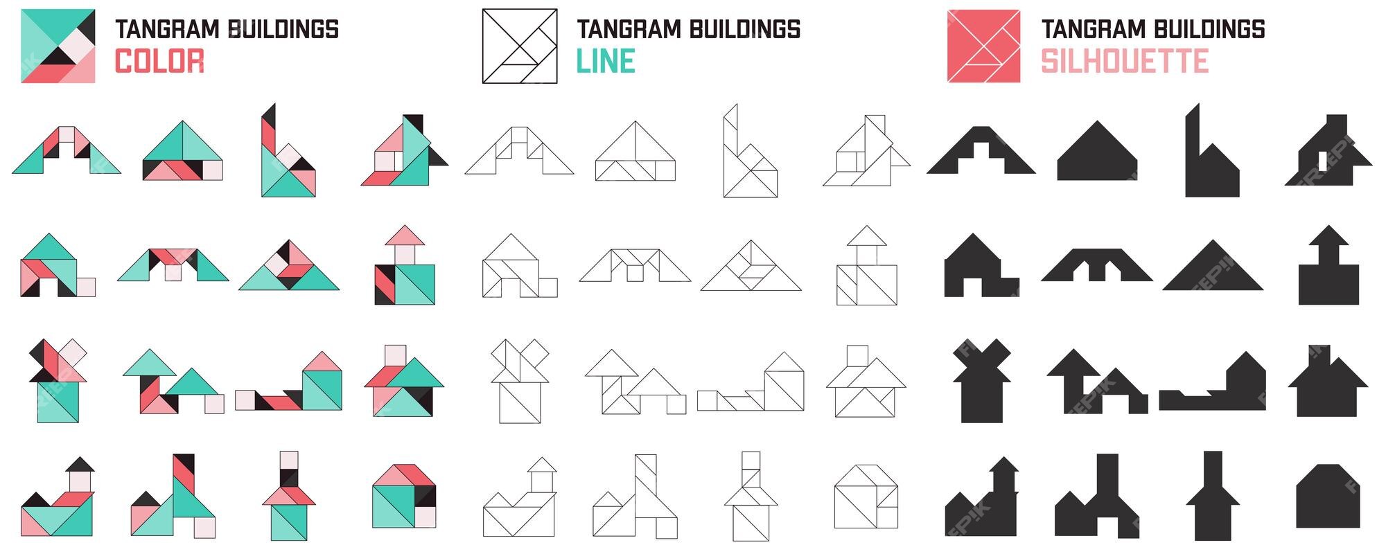 Premium vector tangram puzzle set of tangram buildings color line and silhouette jigsaw for kids vector set