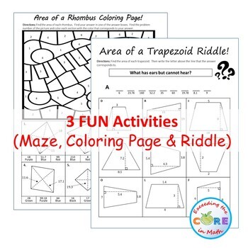 Area of quadrilaterals parallelogram trapezoid rhombus maze riddle color