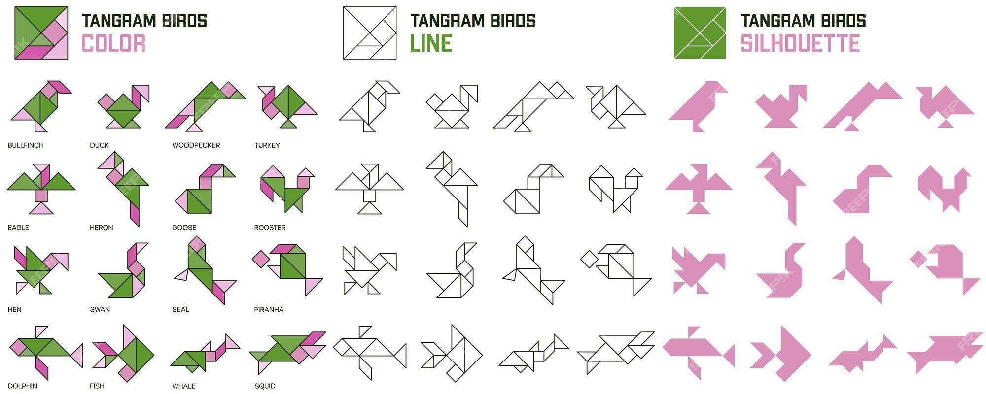 Premium vector tangram puzzle set of tangram birds and fish color line and silhouette jigsaw for kids