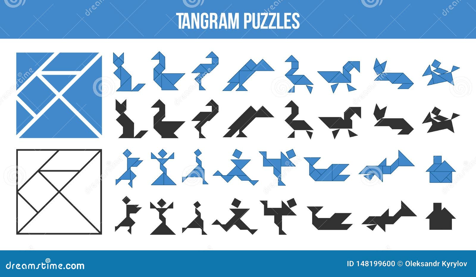 Printable tangram puzzle game set of shapes for kids activity that helps to learn geometric shapes animals birds fishes and stock illustration