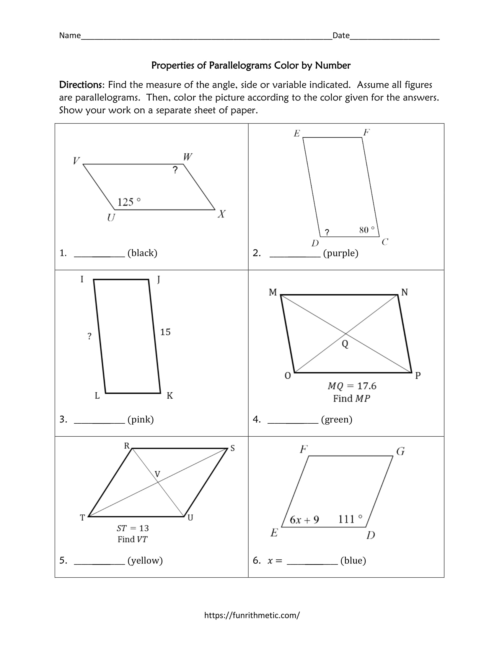 Properties of parallelograms color by number