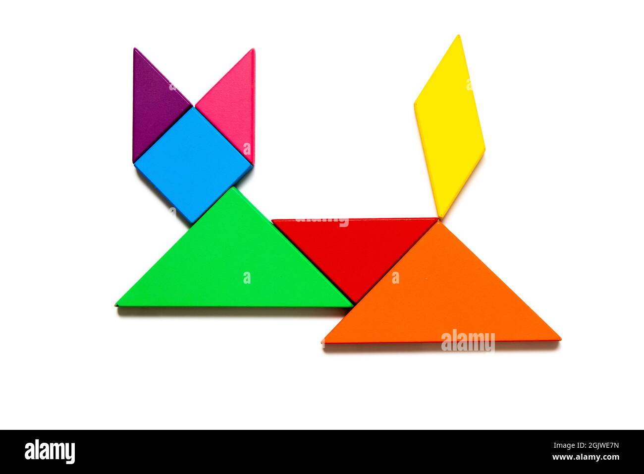 Color tangram puzzle in cat shape on white background stock photo