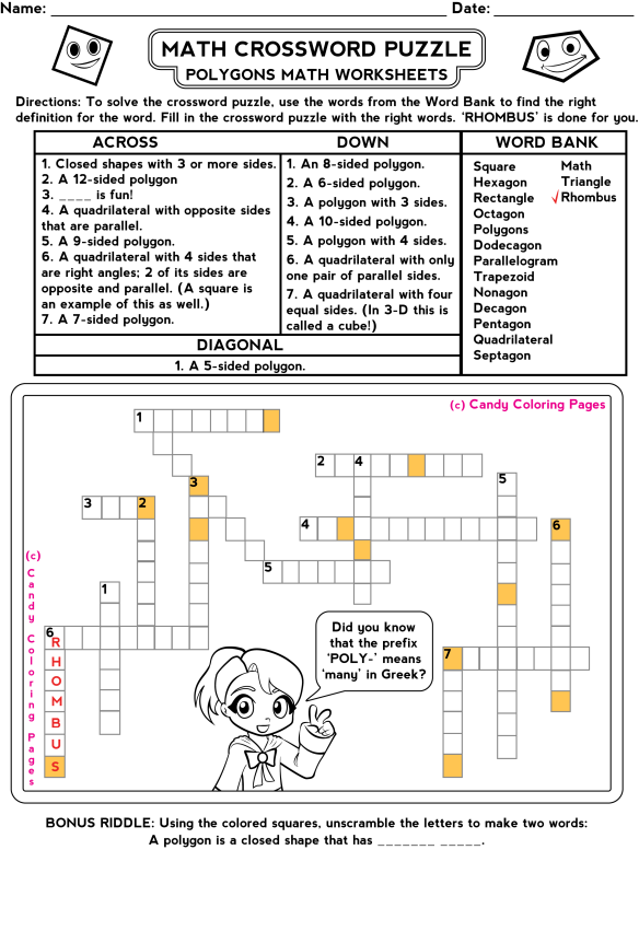 Quadrilateral penny candy math worksheets