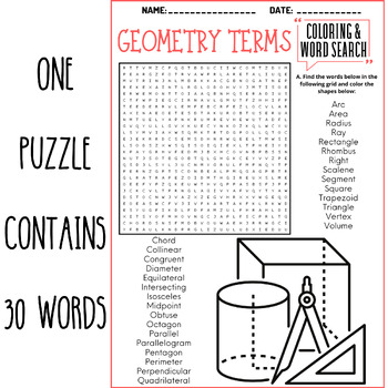 Geometry terms coloring word search puzzle worksheets activities math