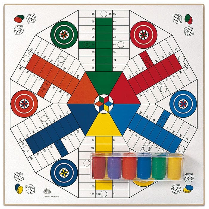 Cayro wooden parcheesi ludo and players with accessories