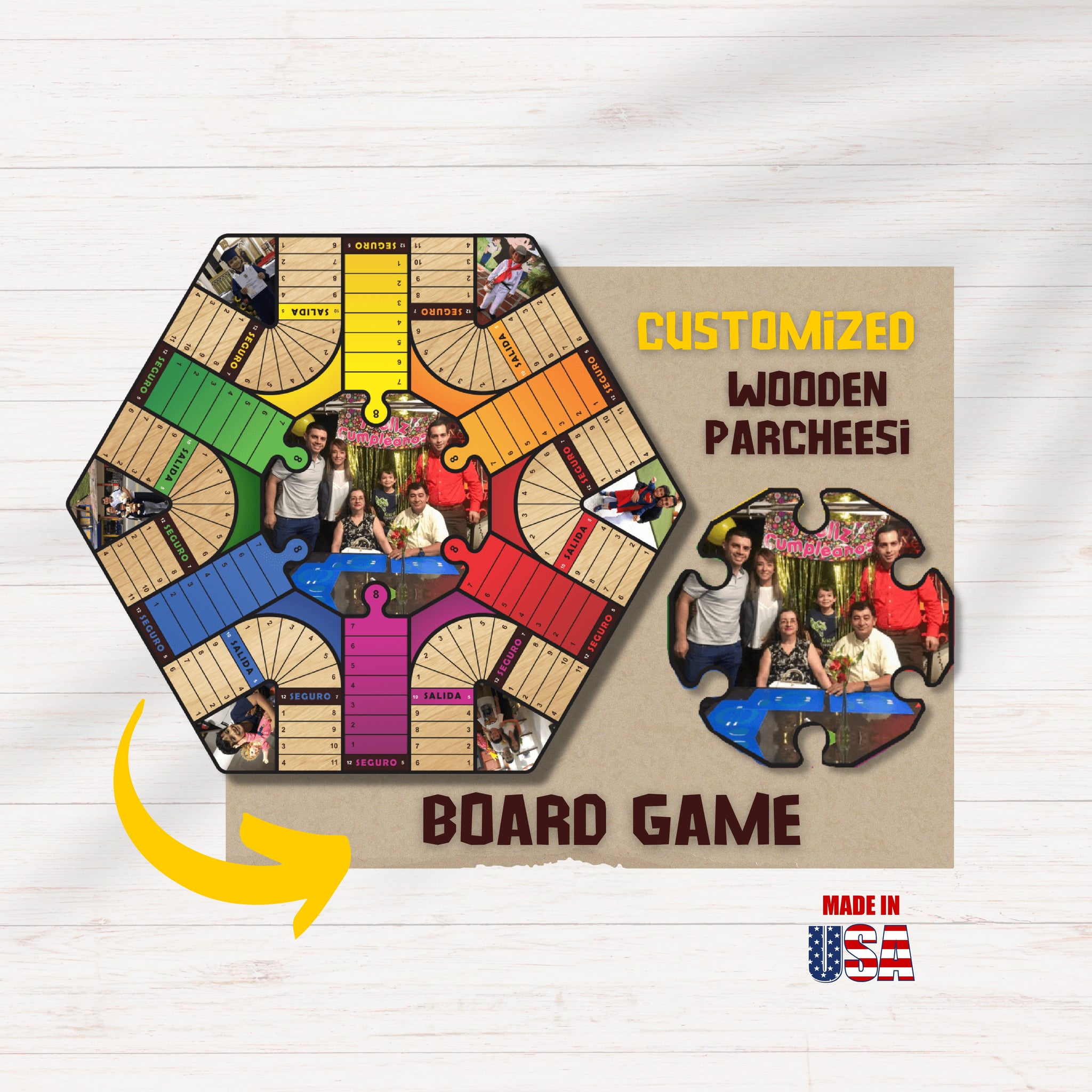 Personalized wooden parcheesi board game with pictures