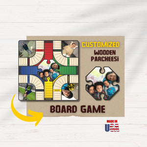 Personalized wooden parcheesi board game with pictures