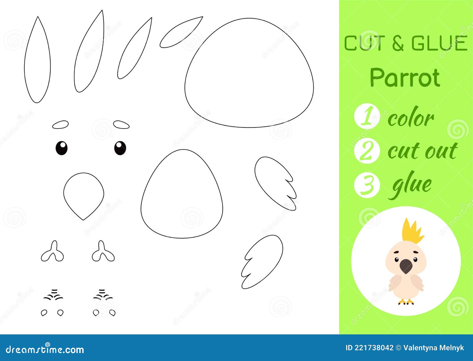 Color cut and glue paper little parrot cut and paste crafts activity page educational game for preschool children stock vector