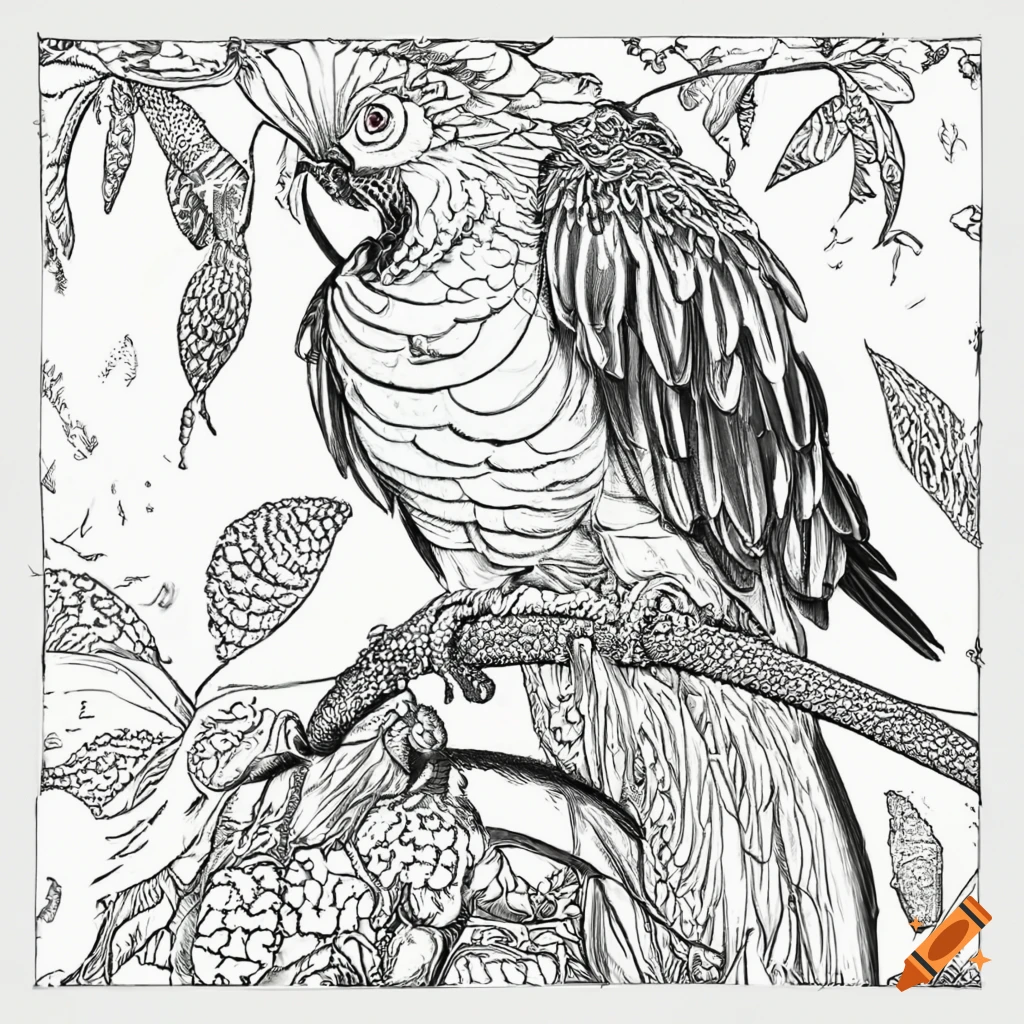 Coloring page a lot of parrots in the jungle highly detailed on