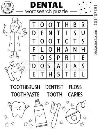 Vector black and white dental wordsearch puzzle