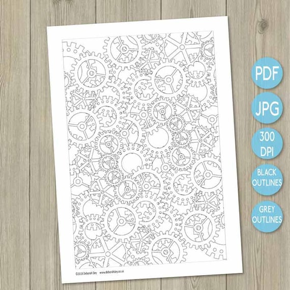 Colouring printable cogs printable watch parts steam punk design adult colouring page adult coloring book art therapy design colour therapy