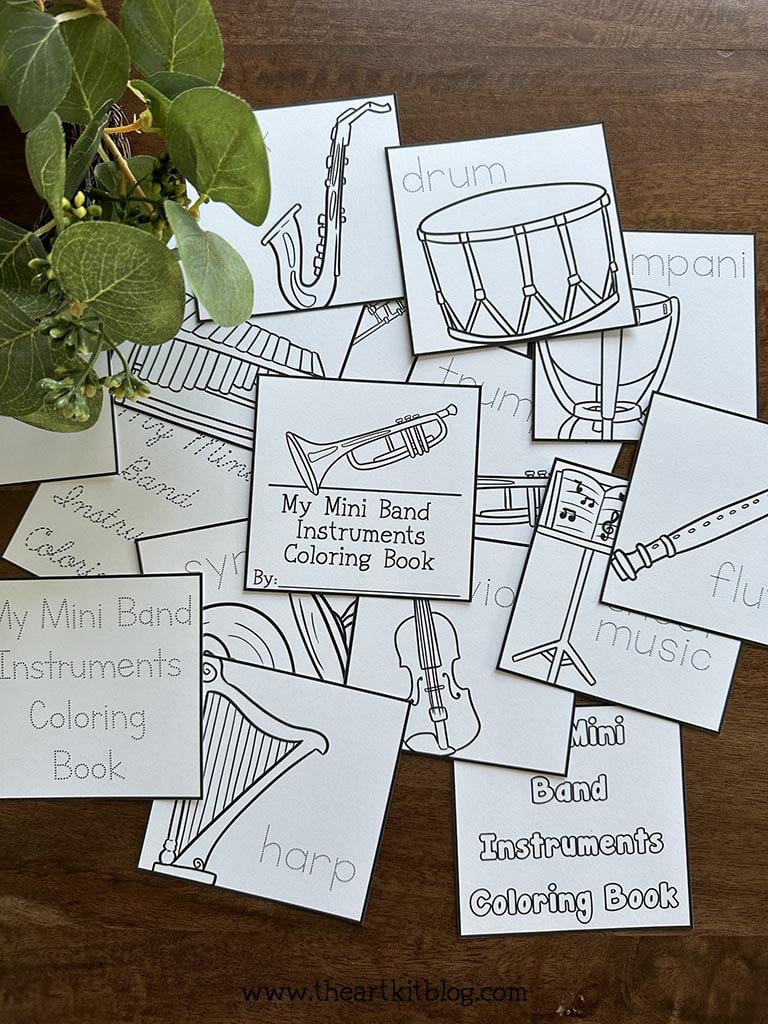 Free printable band instruments mini coloring pages â the art kit