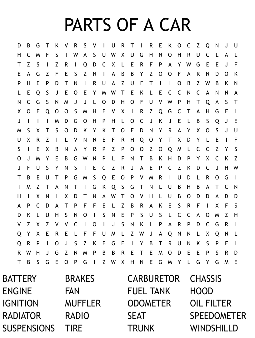 Parts of a car word search