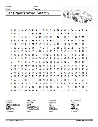 Car brands word search puzzle â free printable