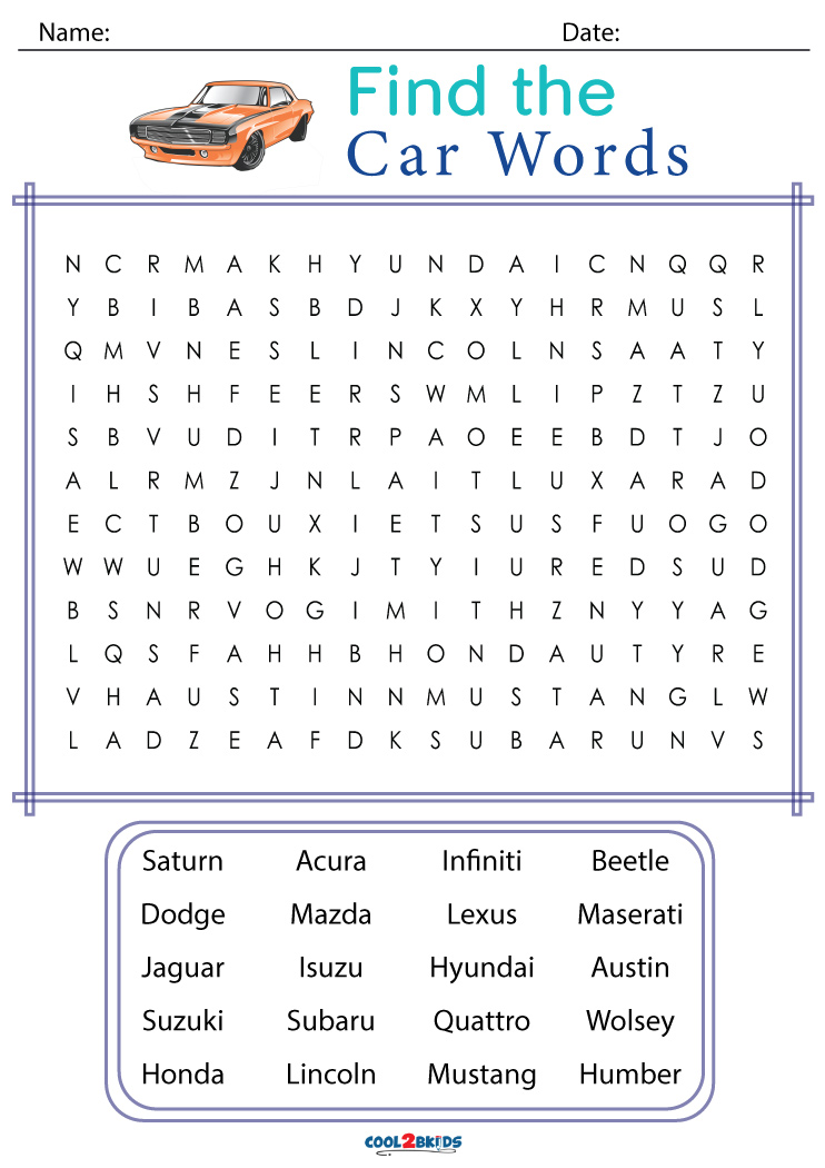 Printable car word search