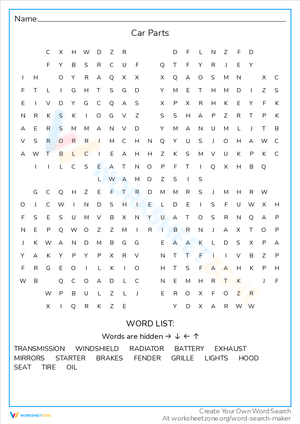 Car parts worksheet