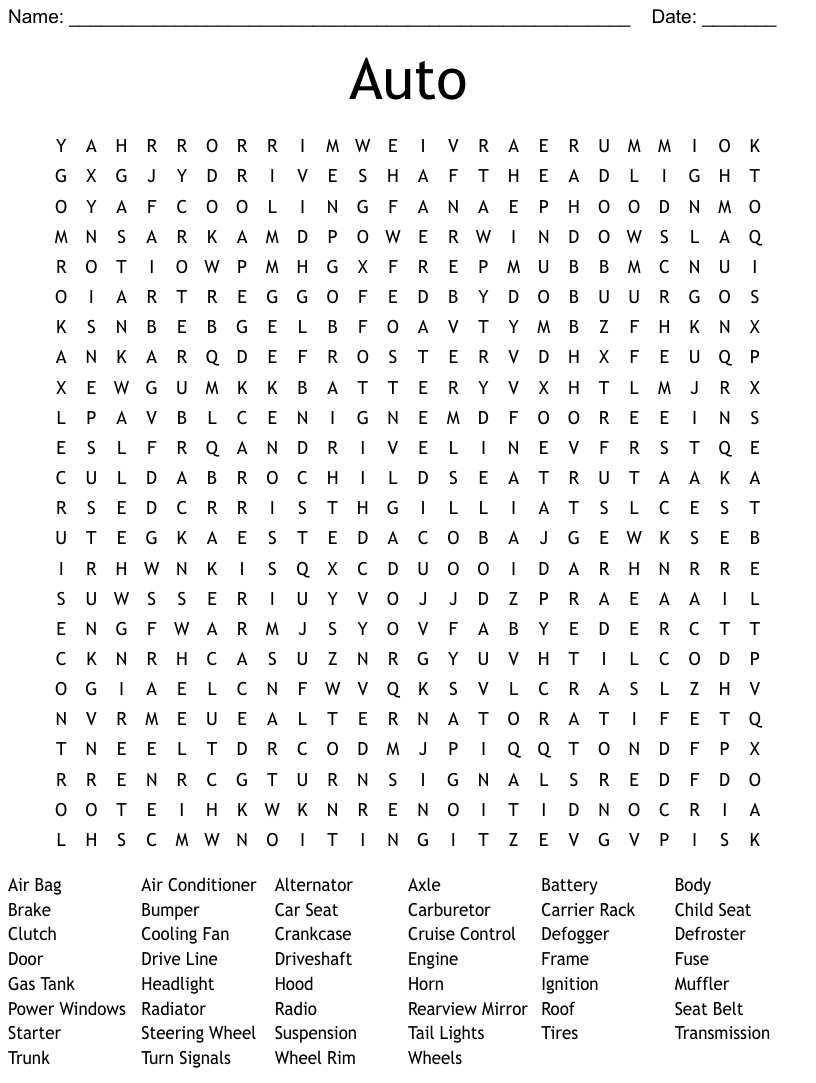 Parts of a car word search