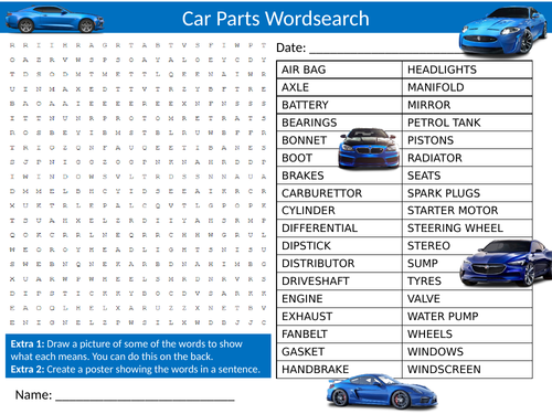 Car parts wordsearch sheet starter activity keywords cover homework vehicles transport teaching resources