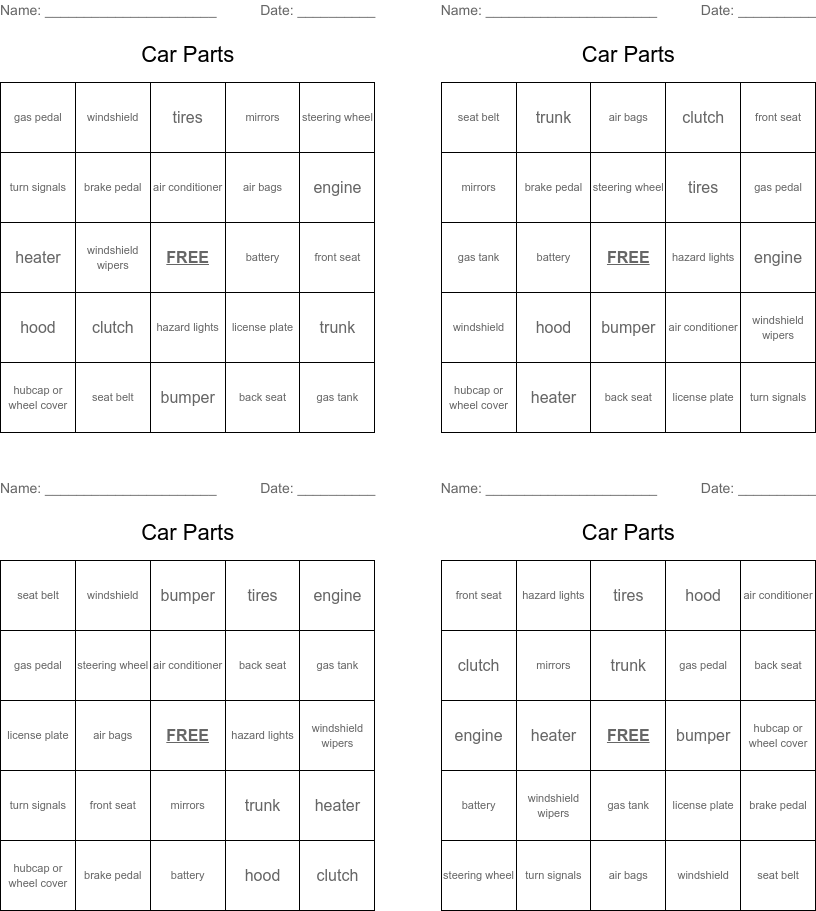 Car parts word search