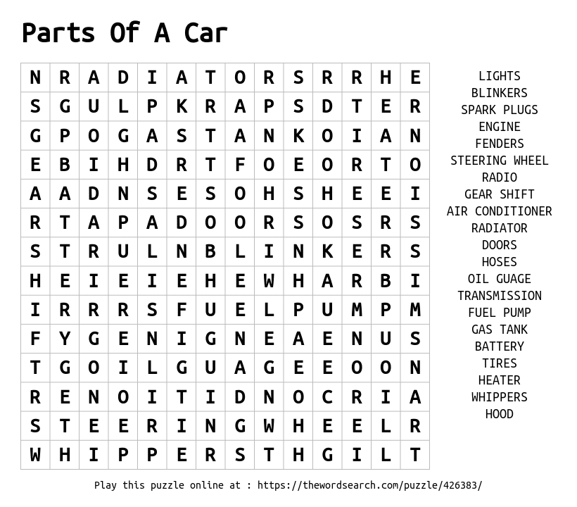 Download word search on parts of a car