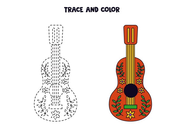 Premium vector trace and color cute hand drawn mexican guitar worksheet for children