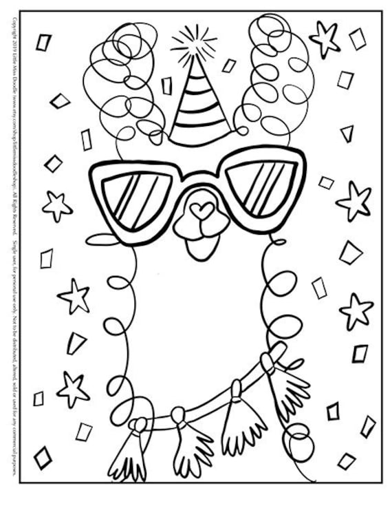 Party lama lama with shades and party hat doodle printable cute kawaii coloring page for kids and adults