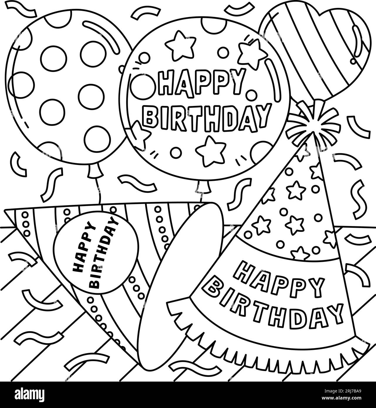 Birthday party hats and balloons coloring page stock vector image art