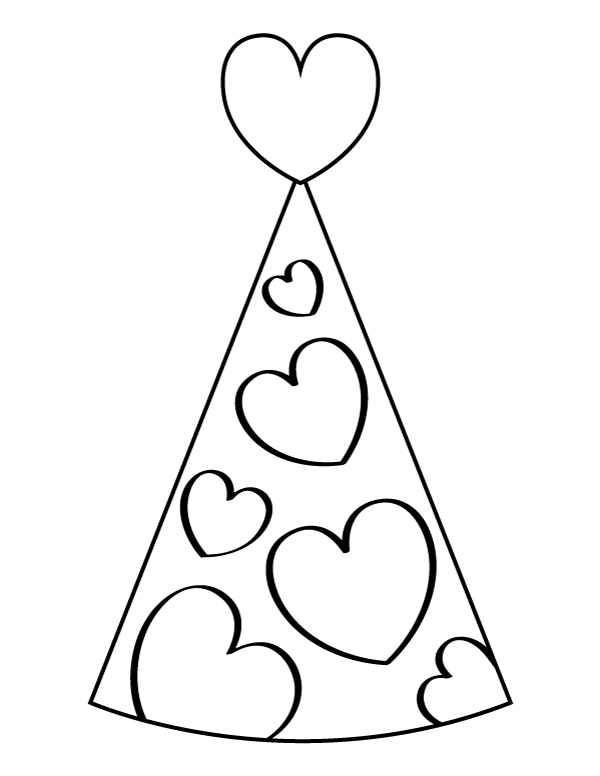 Printable heart party hat coloring page