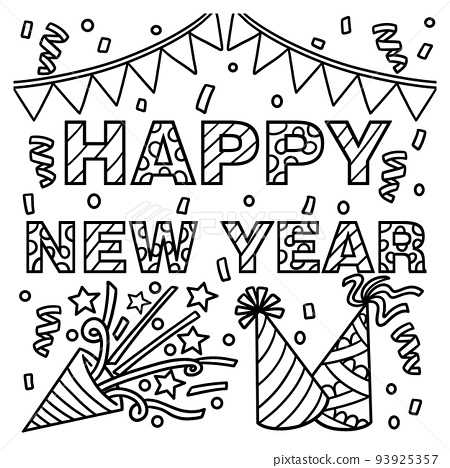 New year banner and party hat coloring page