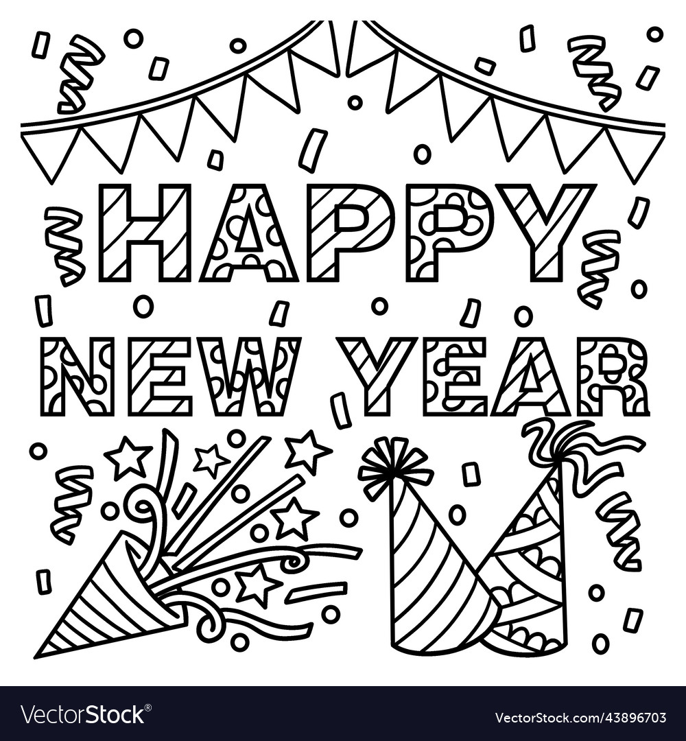 New year banner and party hat coloring page vector image