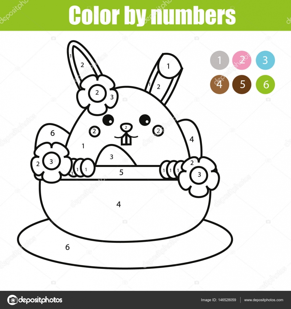 Coloring page with easter bunny character color by numbers educational children game drawing kids activity rabbit in busket with eggs stock vector by ksuklein