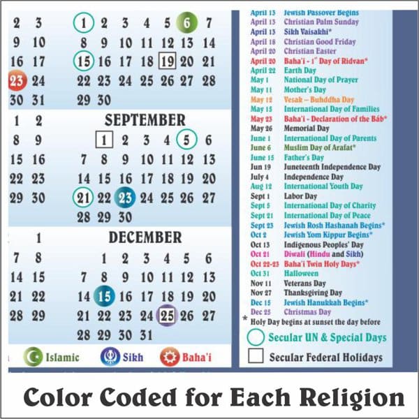 Interfaith wall calendar