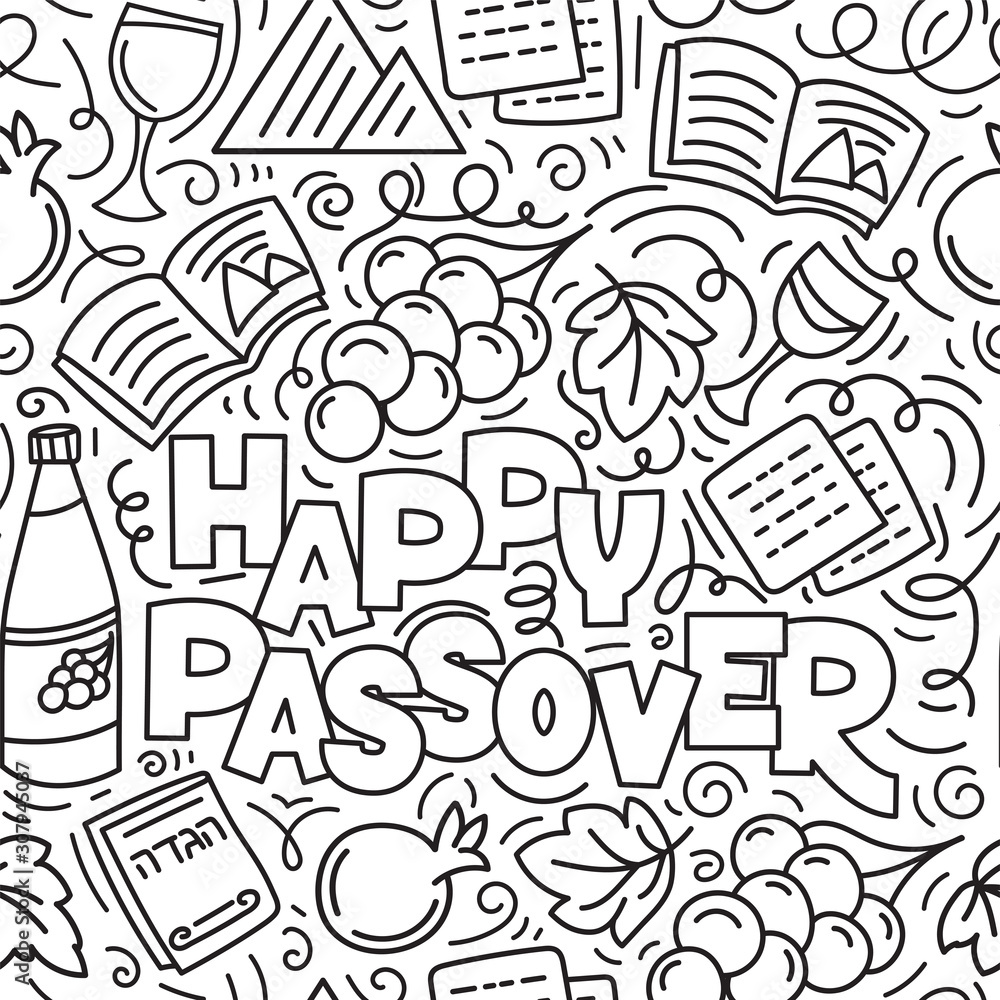 Passover seamless pattern jewish holiday pesach hebrew text happy passover black and white vector illustration doodle style isolated on white background coloring book page vector