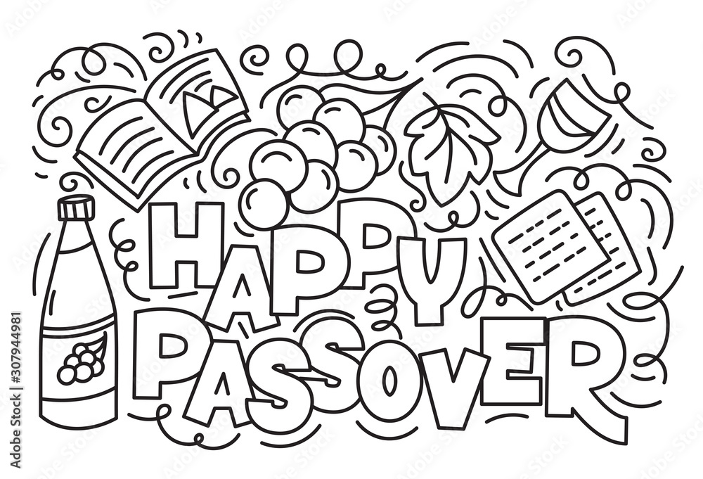 Passover greeting card jewish holiday pesach hebrew text happy passover black and white vector illustration doodle style isolated on white background coloring book page vector