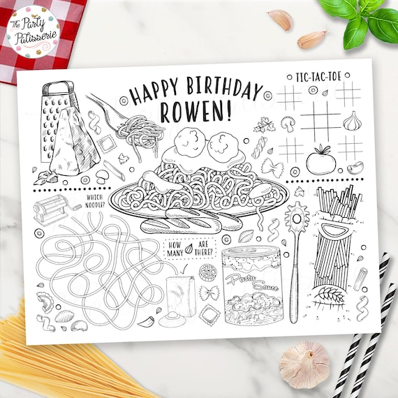 Printable spaghetti coloring placemat pasta party personalized digital file printable custom cooking party sleepover activity mat