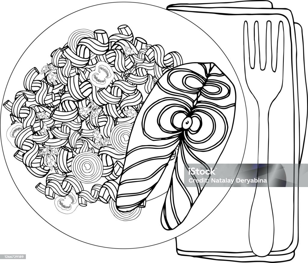 Coloring book antistress food pasta with fish stock illustration