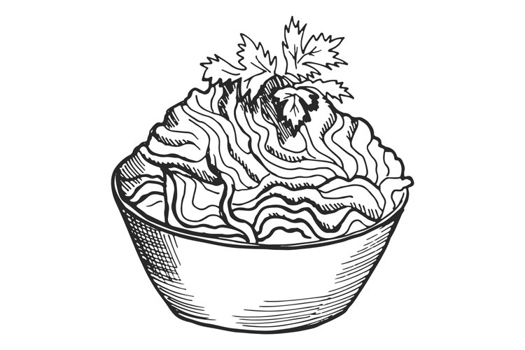 Pasta bowl sketch tasty meal dish engraving