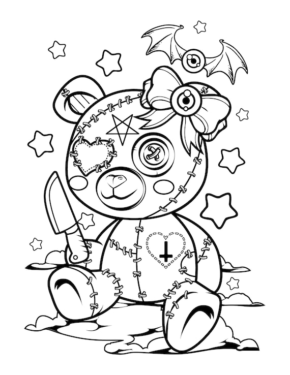 Pastel goth coloring page creepy teddy bear digital download scary kawaii bear downloadable pdf