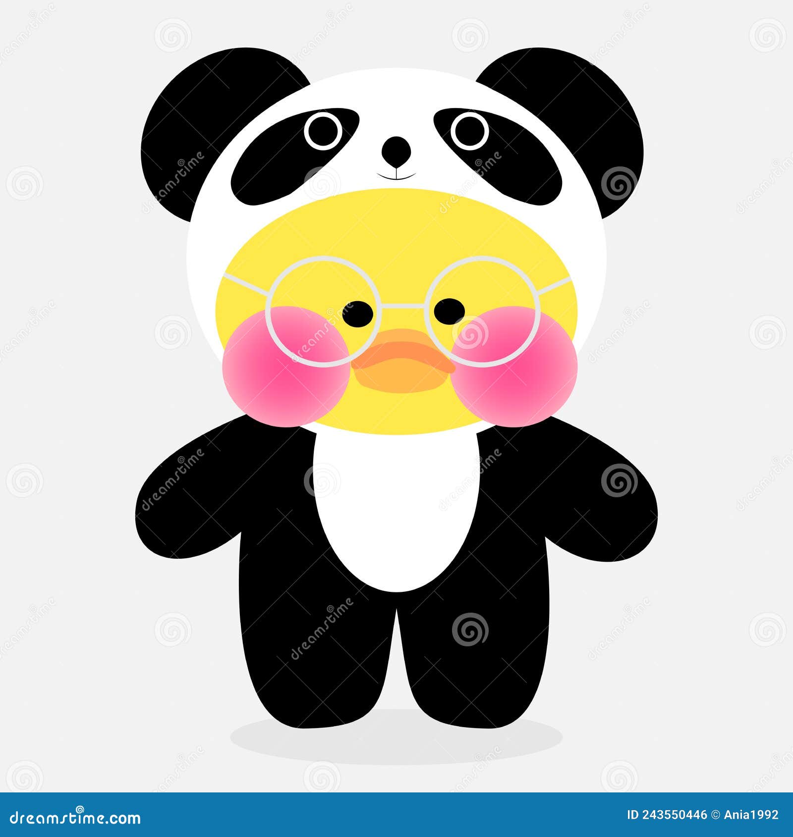 Popular soft toy yellow duck lalafanfan in kigurumi panda and round glasses stock vector