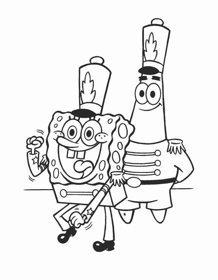 Sponge bob and patrick in the uniform of soldiers in the queens guard coloring page