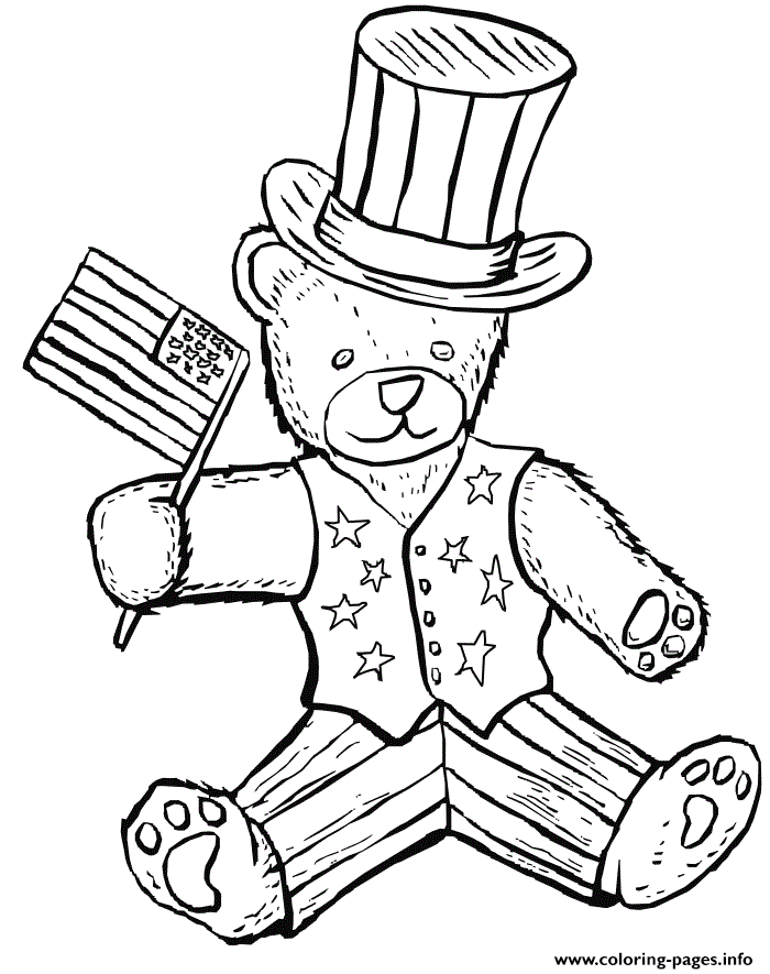 Patriotic th of july teddy bear coloring page printable